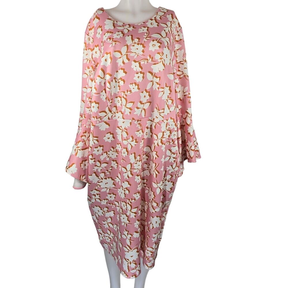Eloquii Pink Floral Bell Sleeve Business Work Wear Midi Dress 22 NWT